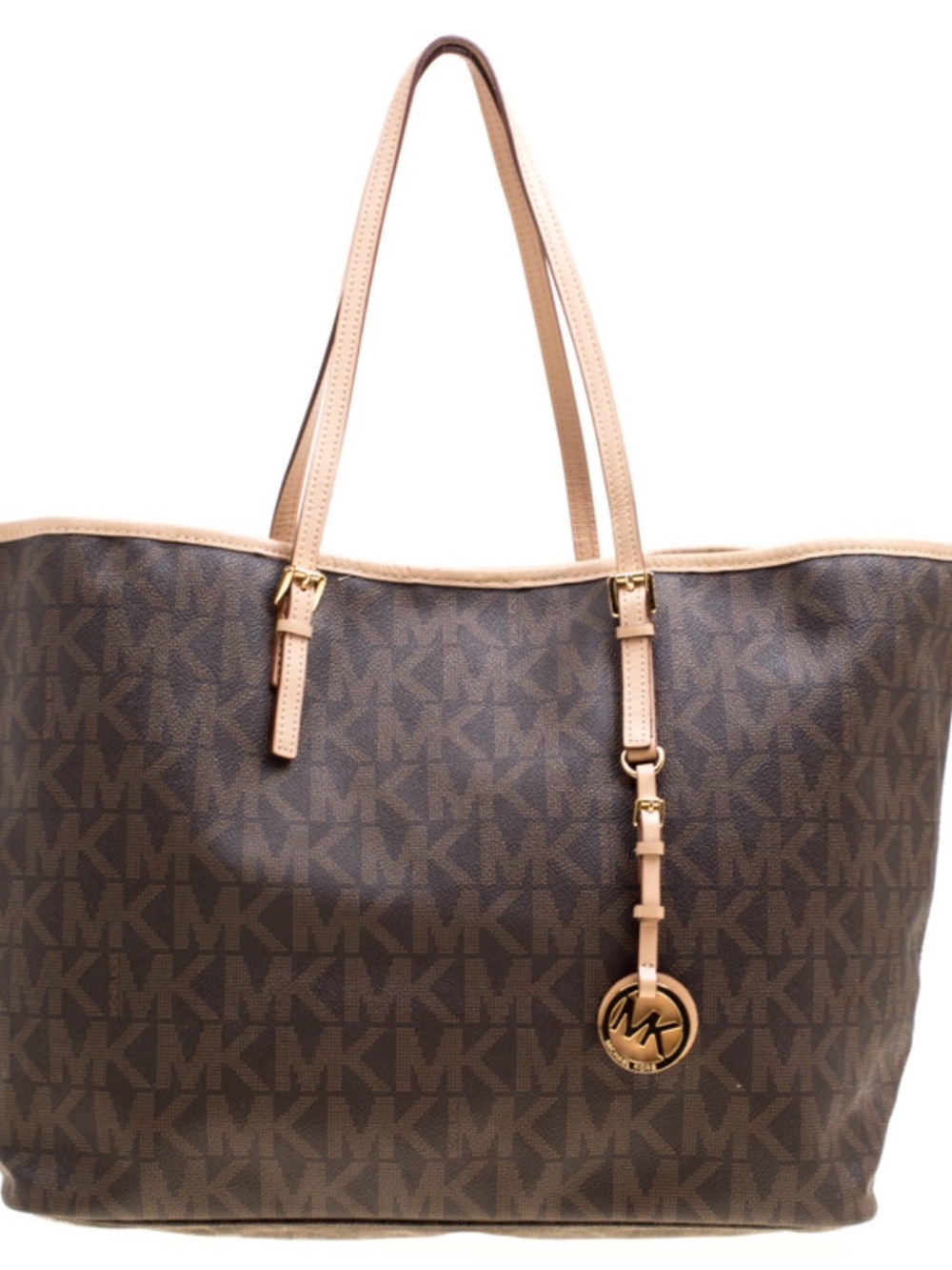 Michael Kors Brown Monogram Tote with Beige Trim and Gold Charm - Picture 1 of 4